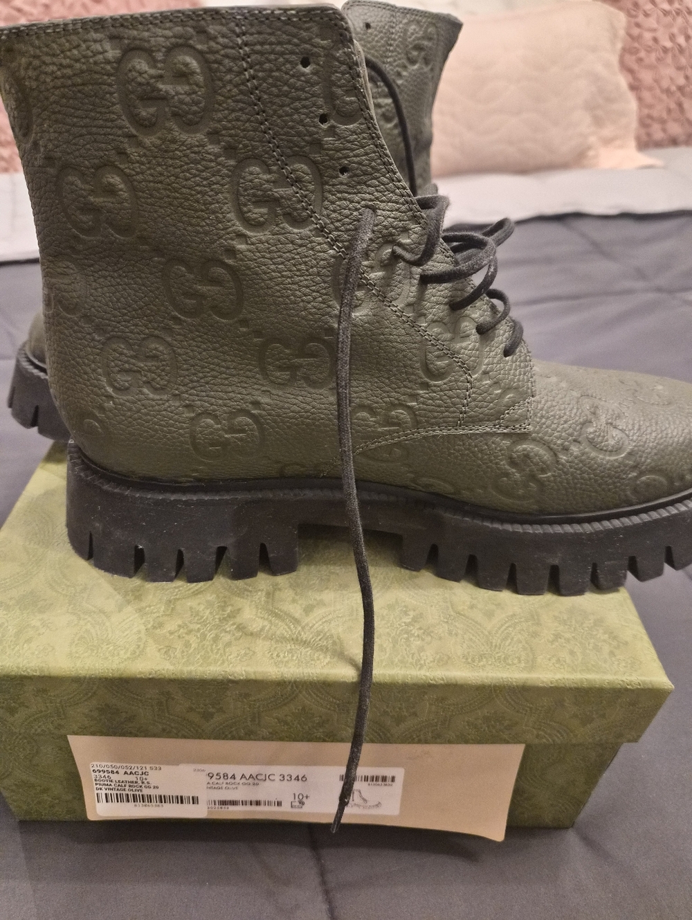Mens Gucci Dark Olive Green Monogram Lug Sole Combat Boots - Picture 5 of 9